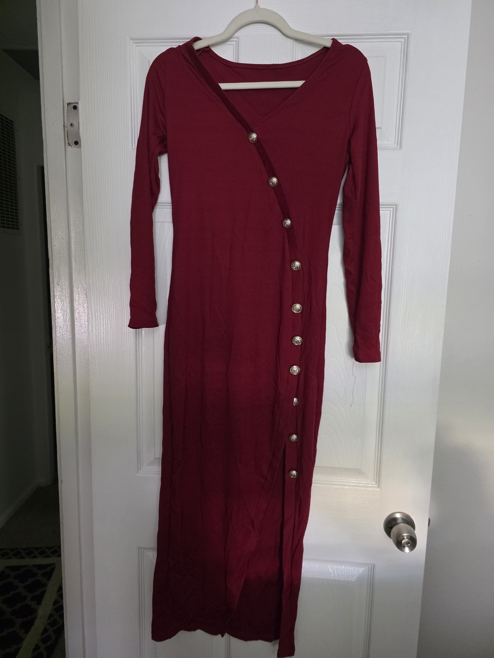 Long Sleeve Burgundy Button-Accent Maxi Dress